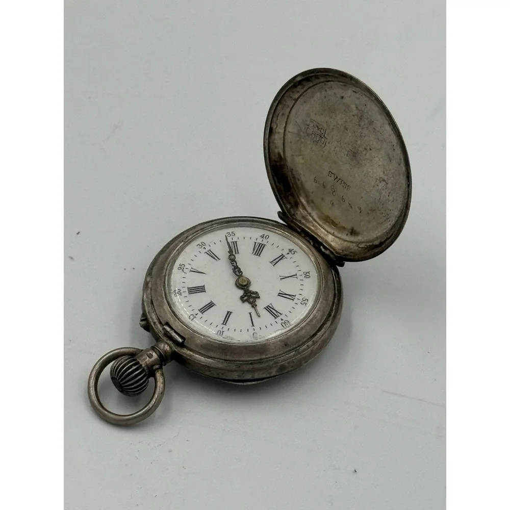 Antique Swiss 800 Silver Hunter Case Pocket Watch Engraved Swan Roman Numeral